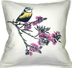 Bird on Cherry Blossom Branch 16x16 Throw Pillow