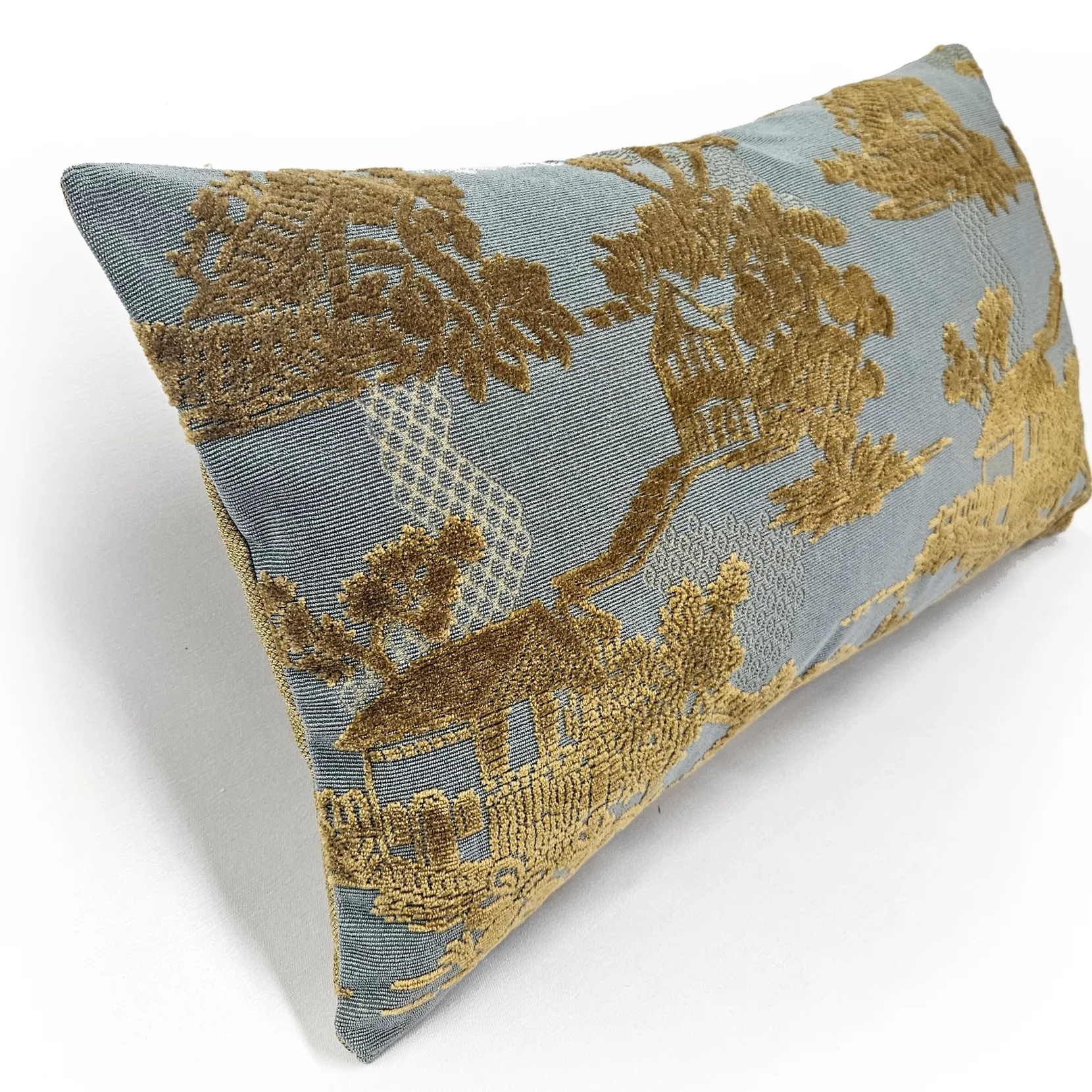 Dalian Gold and Teal Woven Velvet Throw Pillow 12x24