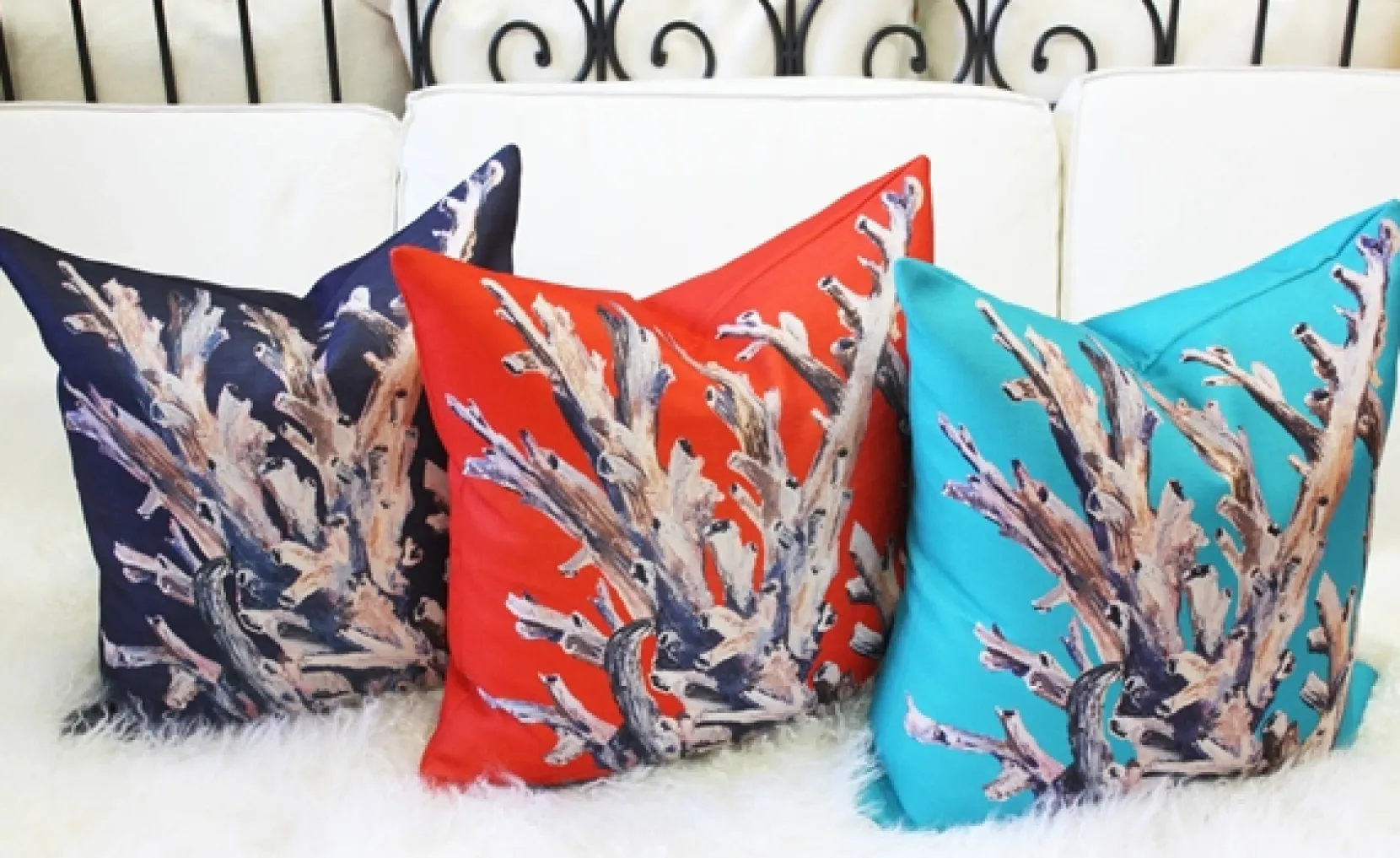 Ocean Reef Coral on Turquoise Throw Pillow 20x20